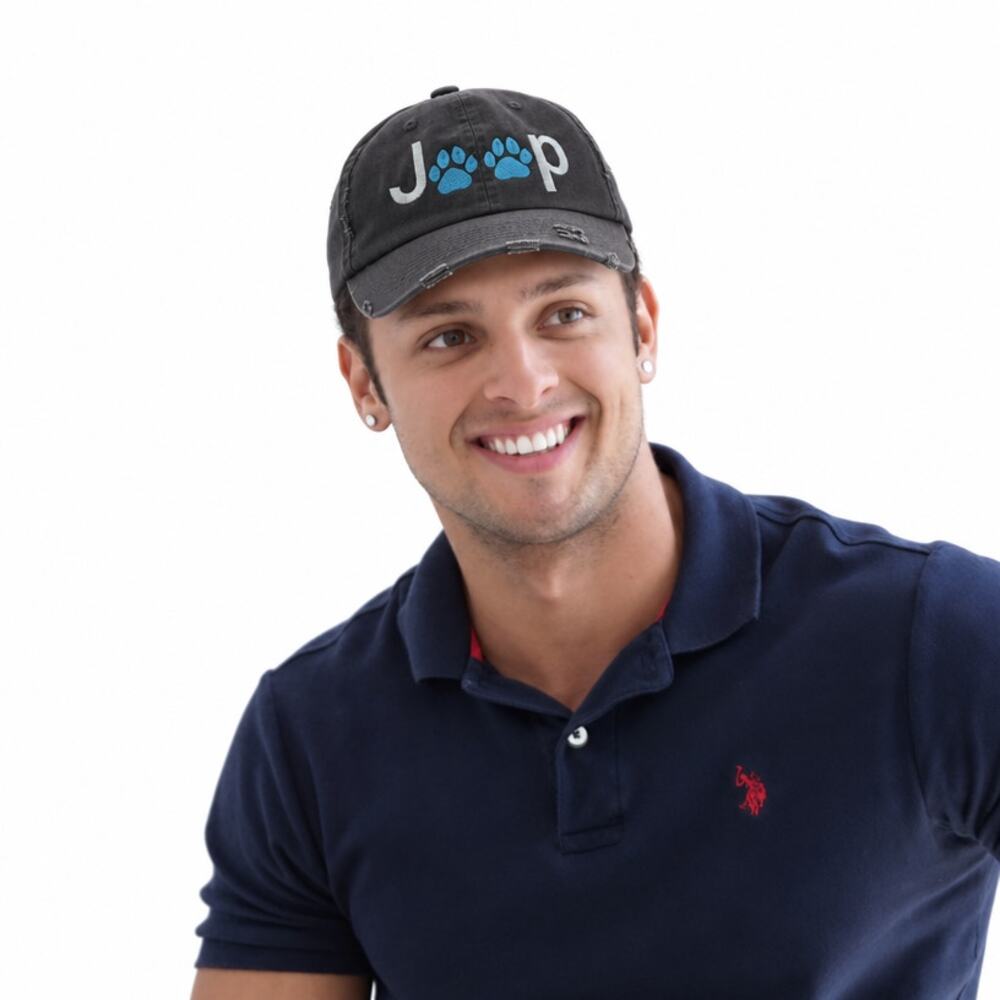 Jeep Distressed Gray Baseball Cap Blue Dog Paw Print Embroidered Hat Unisex